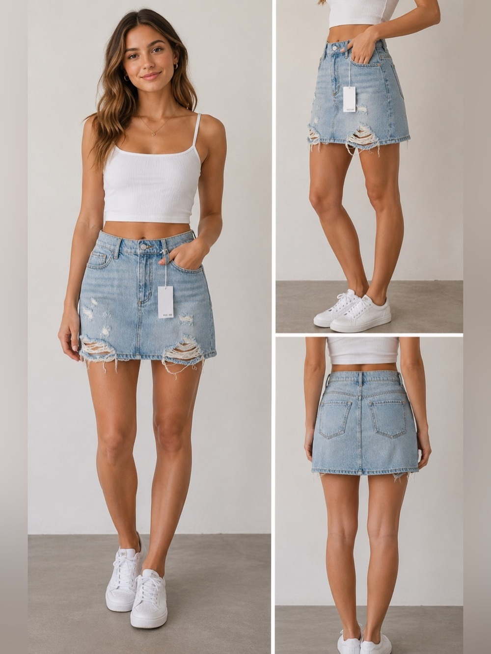 NWT Sneak Peek Light Blue Distressed Denim Ripped Mini Skirt M Medium